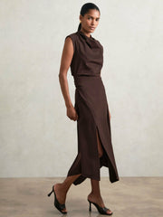 Women Twill-Jersey Draped Midi Dress in Burgundy