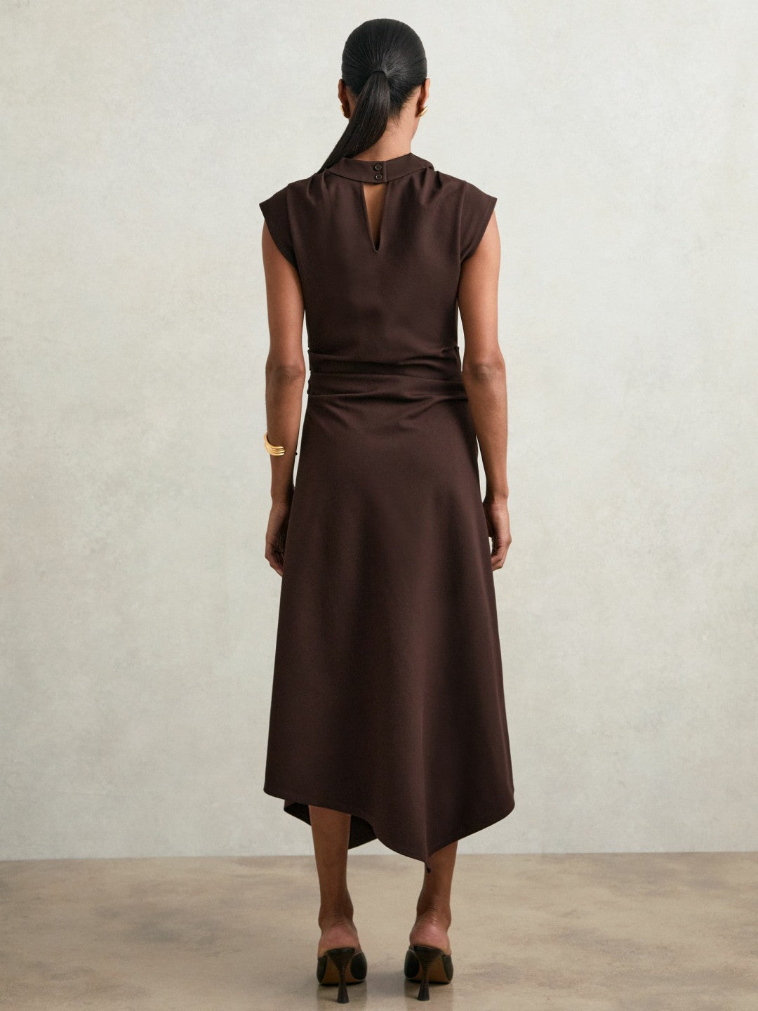 Women Twill-Jersey Draped Midi Dress in Burgundy