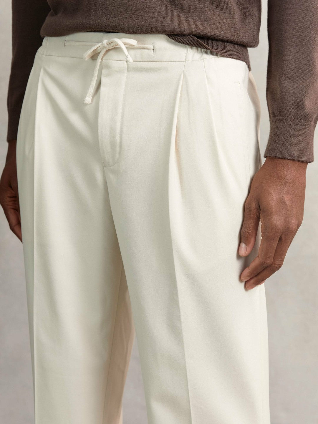 Men Relaxed-Fit Twill Drawstring Trousers in Ecru