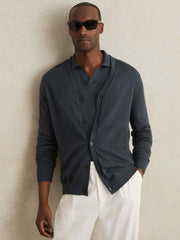 Men Merino Wool Button-Through Cardigan in Midnight Navy