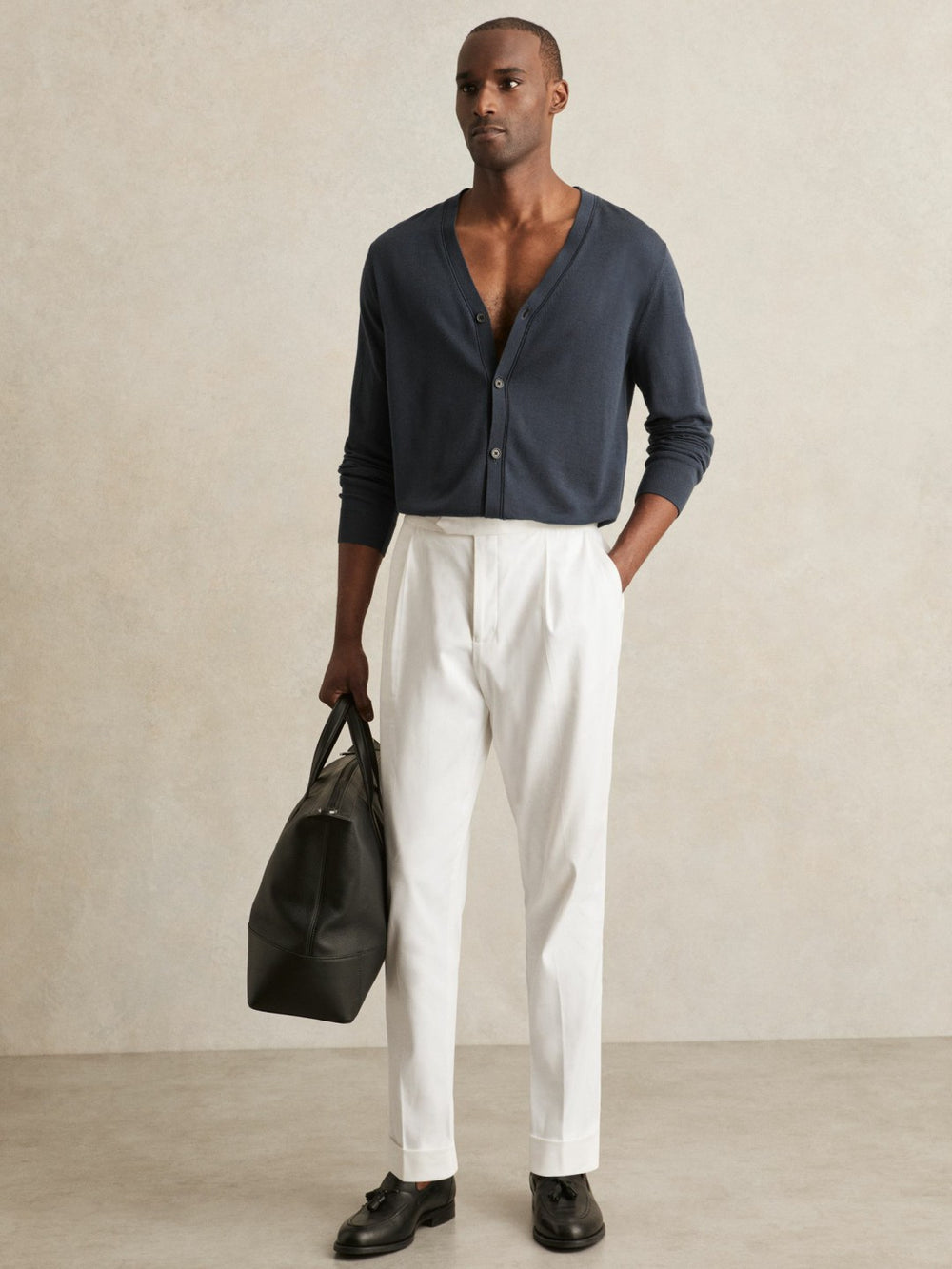 Men Merino Wool Button-Through Cardigan in Midnight Navy