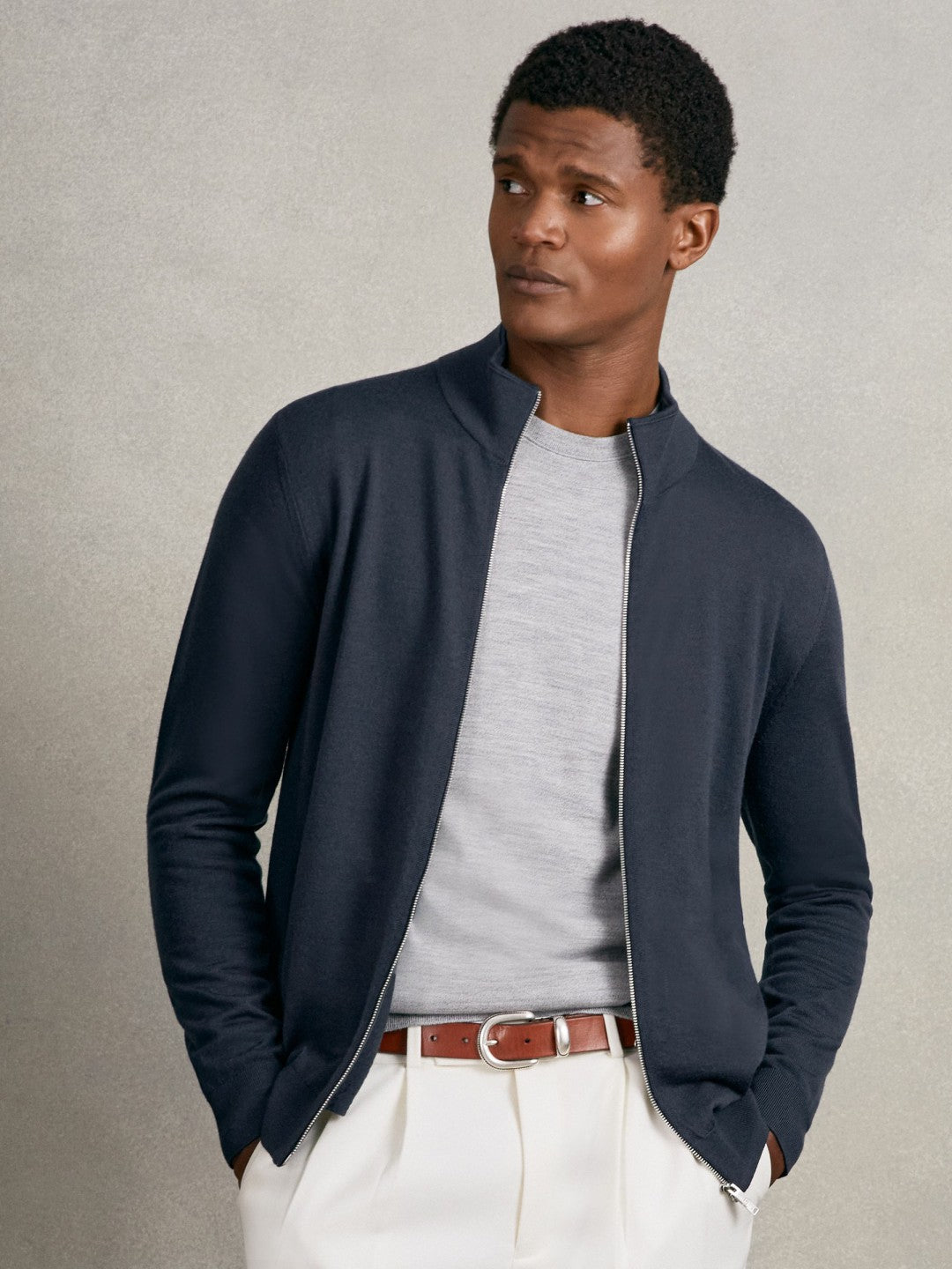Men Merino Wool Zip Through Cardigan in Midnight Navy