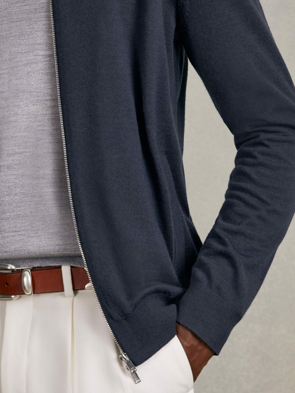 Men Merino Wool Zip Through Cardigan in Midnight Navy