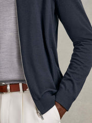 Men Merino Wool Zip Through Cardigan in Midnight Navy