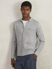 Men Merino Wool Button-Through Shirt in Soft Grey Mouline