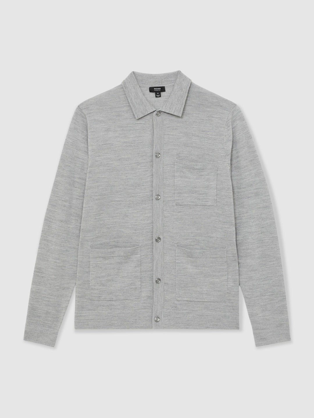 Men Merino Wool Button-Through Shirt in Soft Grey Mouline