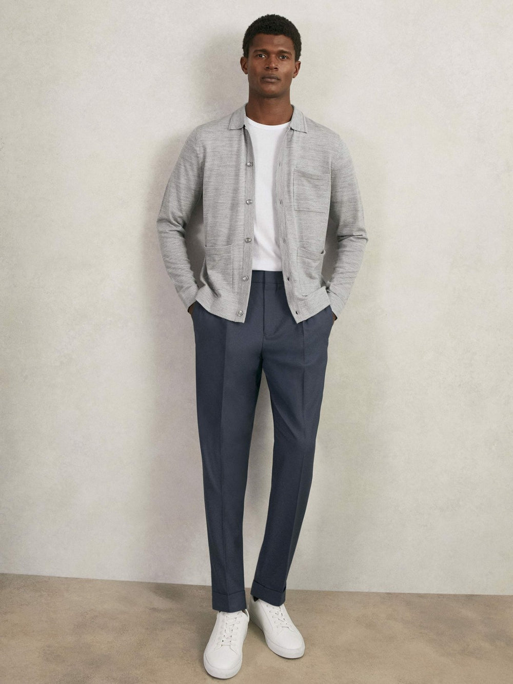 Men Merino Wool Button-Through Shirt in Soft Grey Mouline
