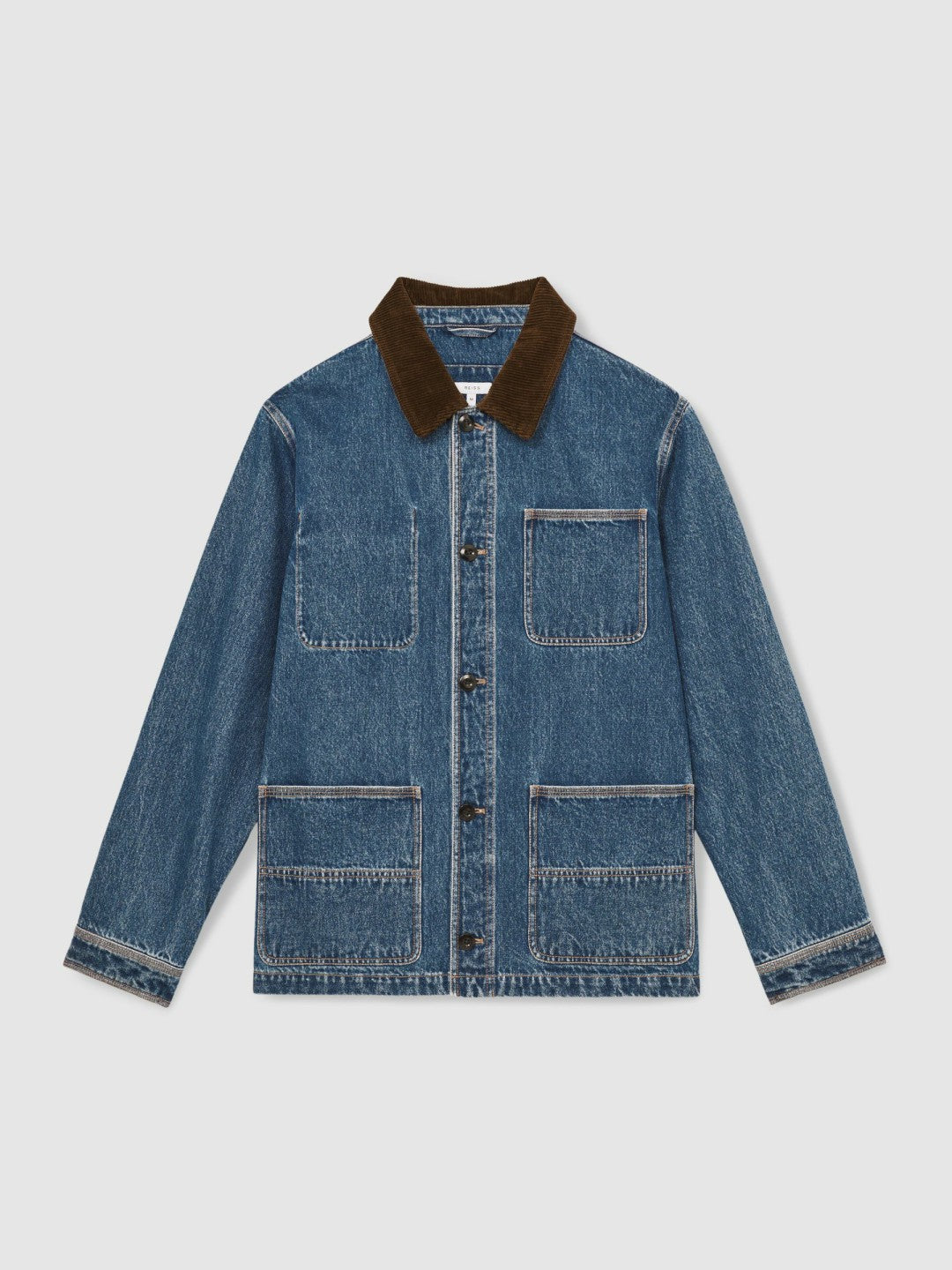Men Corduroy Collar Denim Worker Jacket in Denim Blue