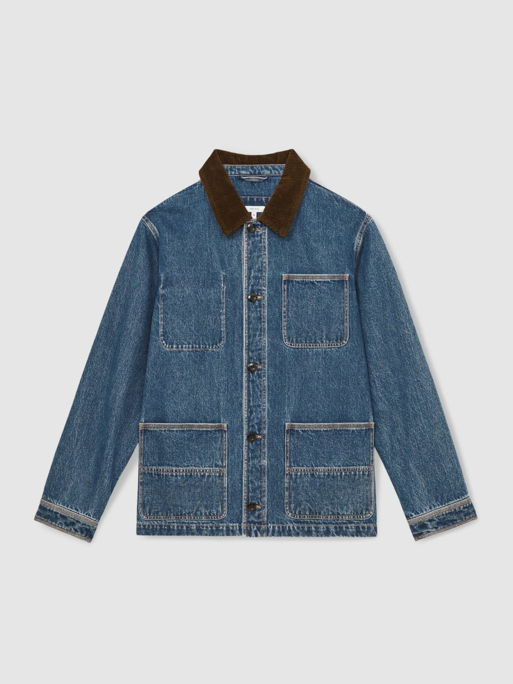 Men Corduroy Collar Denim Worker Jacket in Denim Blue