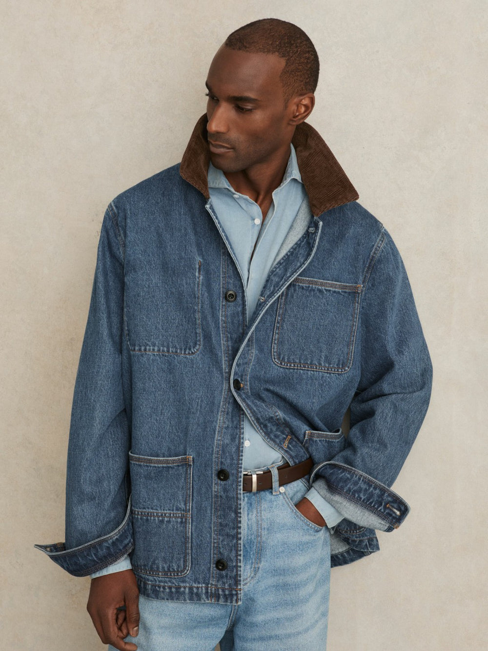 Men Corduroy Collar Denim Worker Jacket in Denim Blue