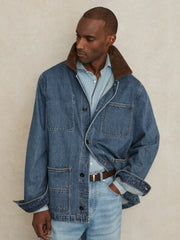 Men Corduroy Collar Denim Worker Jacket in Denim Blue