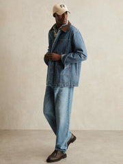 Men Corduroy Collar Denim Worker Jacket in Denim Blue