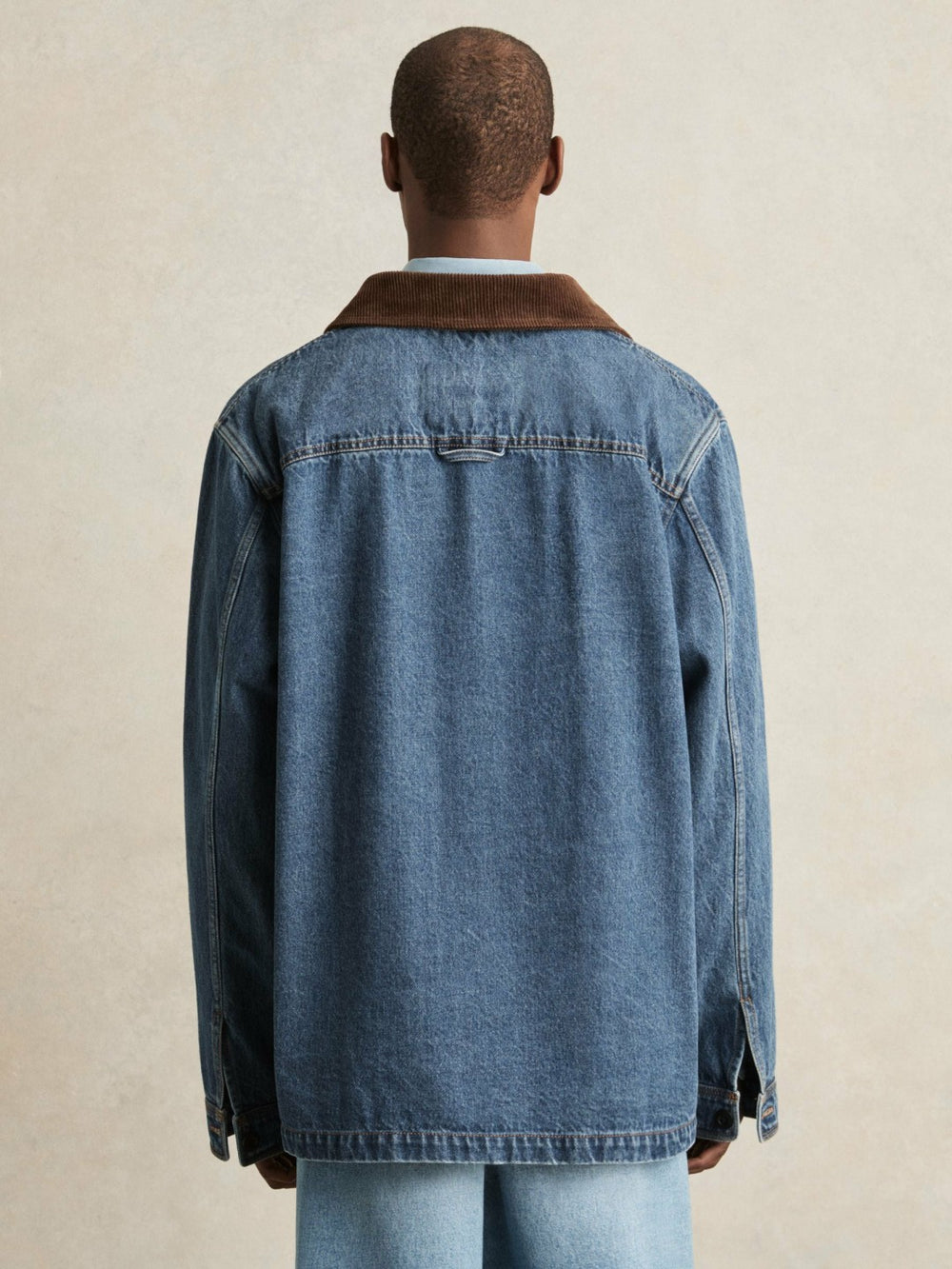 Men Corduroy Collar Denim Worker Jacket in Denim Blue