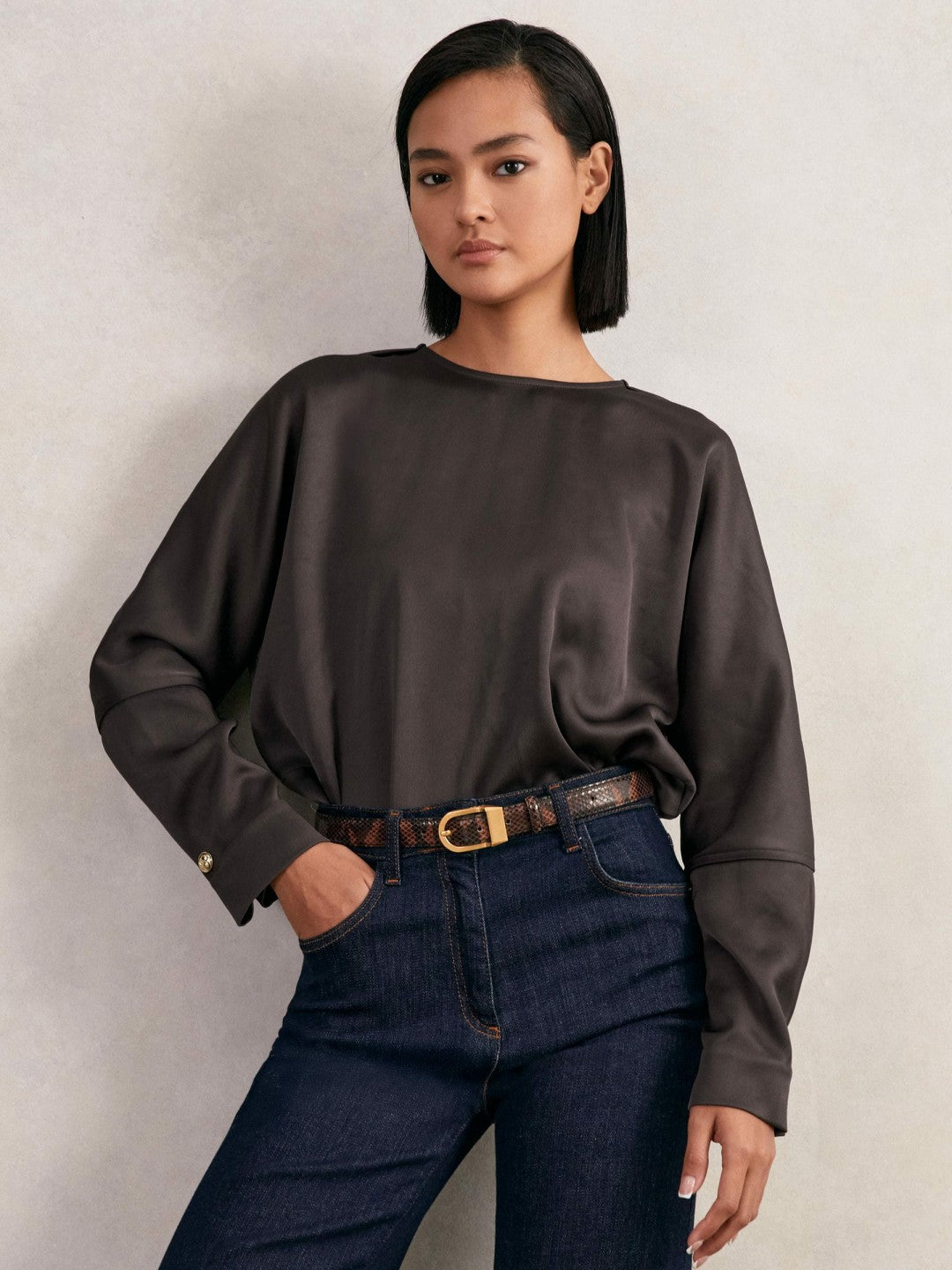 Women Satin Button-Back Long-Sleeve Top in Mauve