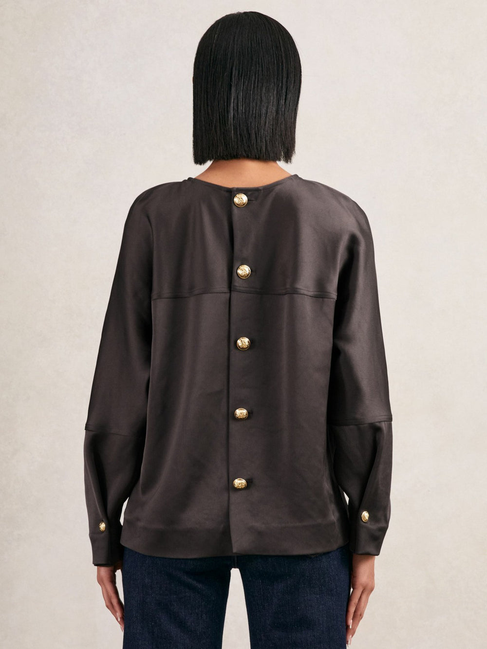 Women Satin Button-Back Long-Sleeve Top in Mauve