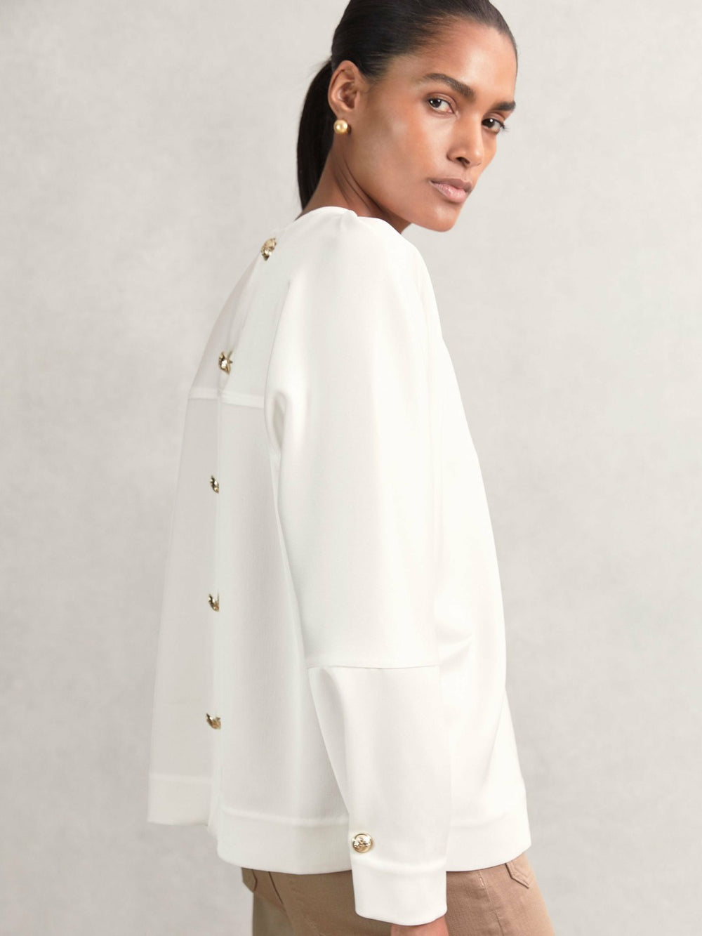 Women Satin Button-Back Long-Sleeve Top in Ivory