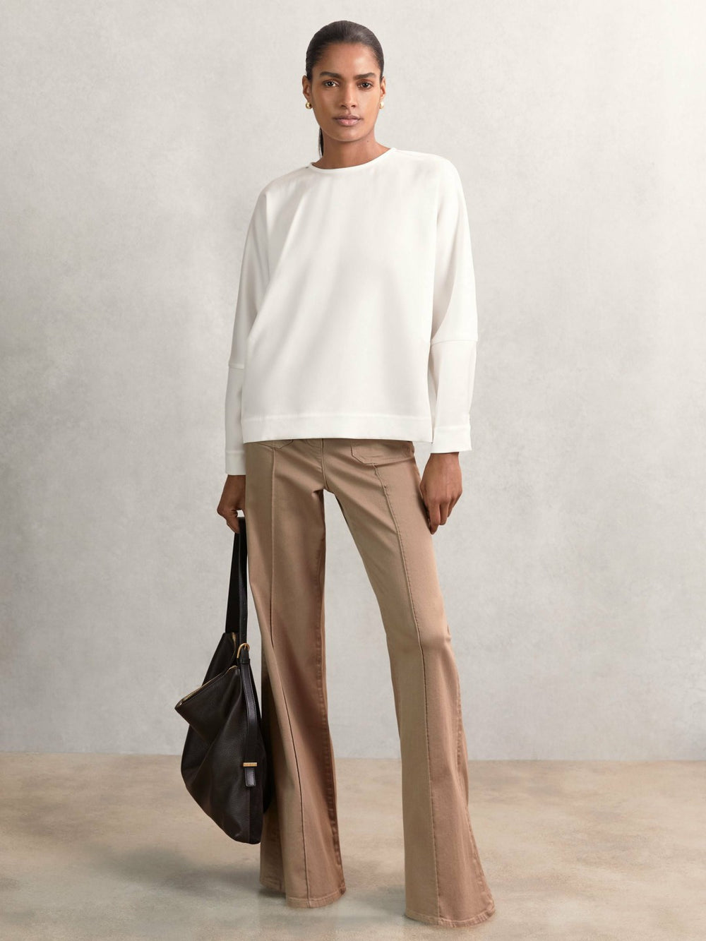 Women Satin Button-Back Long-Sleeve Top in Ivory