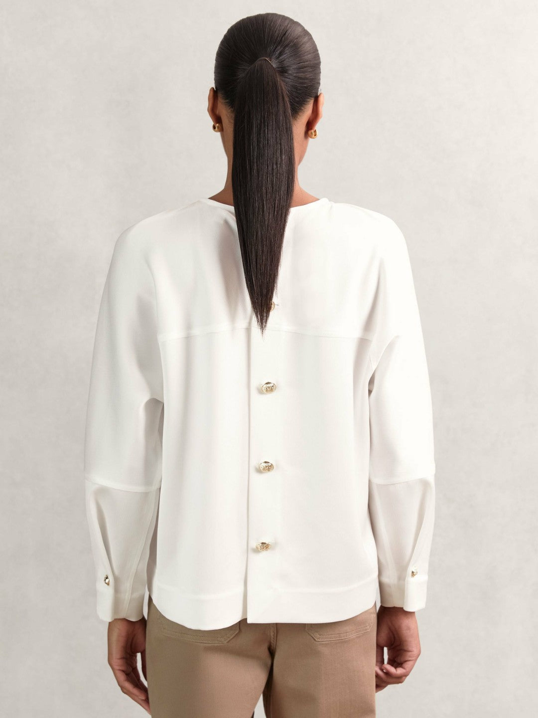 Women Satin Button-Back Long-Sleeve Top in Ivory