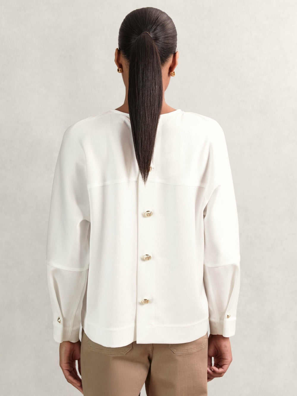 Women Satin Button-Back Long-Sleeve Top in Ivory