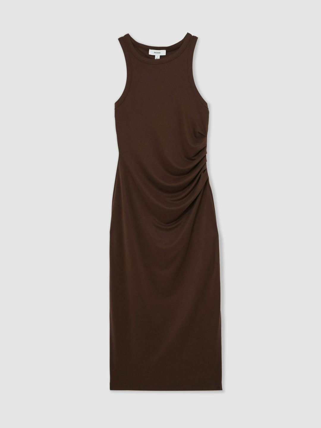 Women Jersey Ruched Racer Midi Dress in Chocolate Brown