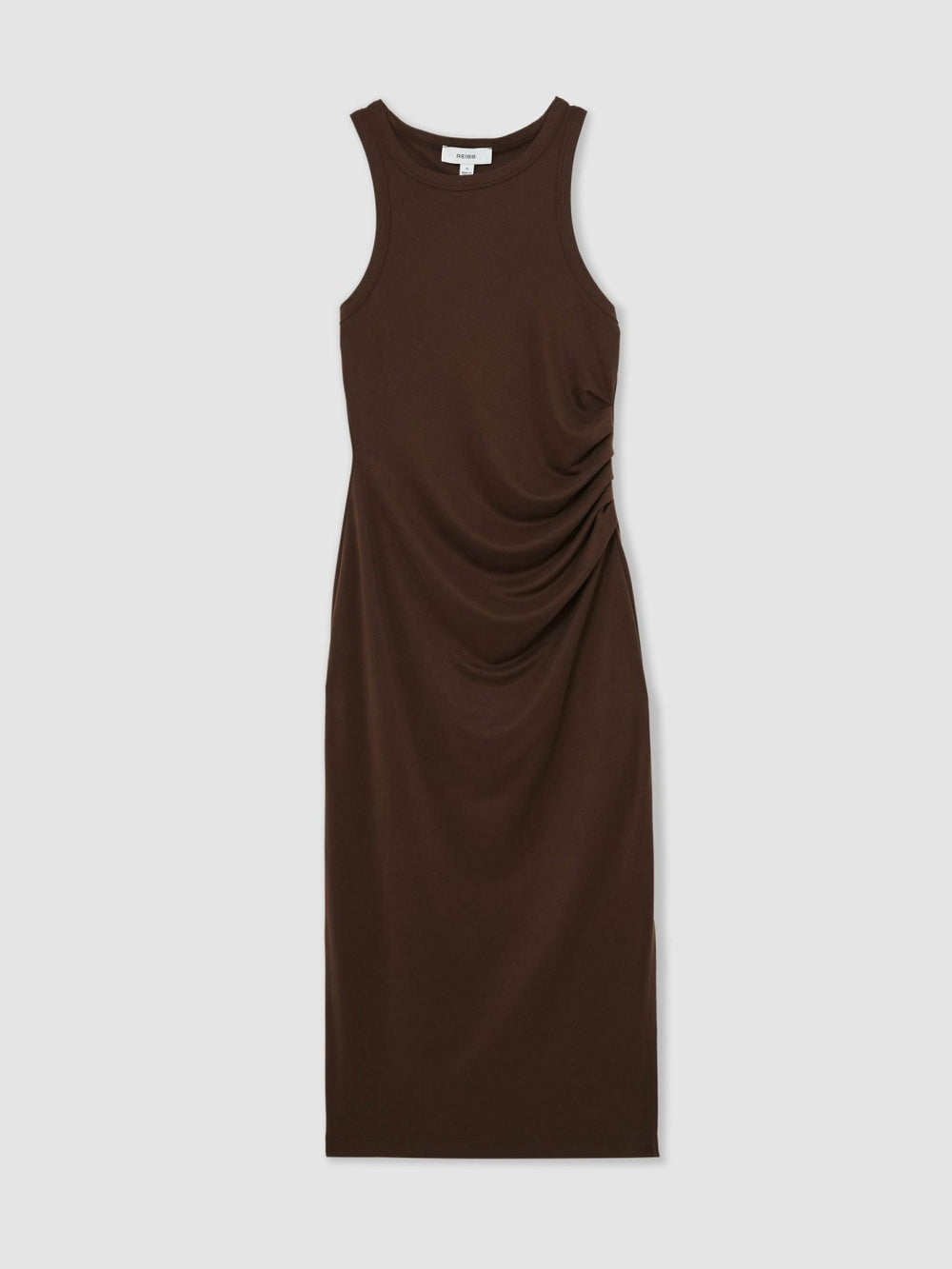Women Jersey Ruched Racer Midi Dress in Chocolate Brown