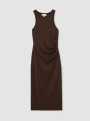 Women Jersey Ruched Racer Midi Dress in Chocolate Brown