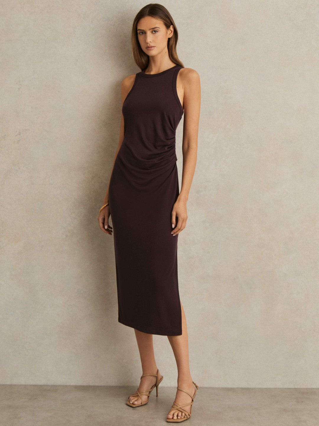 Women Jersey Ruched Racer Midi Dress in Burgundy