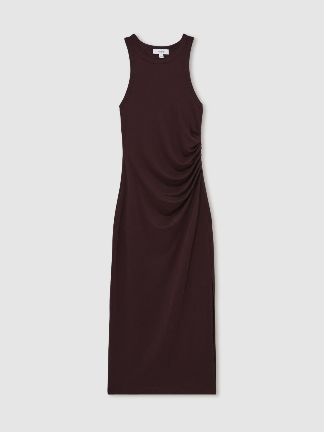Women Jersey Ruched Racer Midi Dress in Burgundy