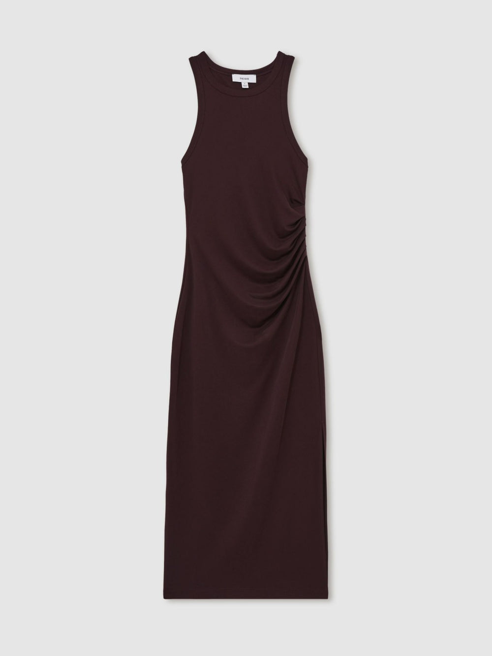 Women Jersey Ruched Racer Midi Dress in Burgundy