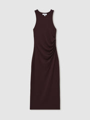 Women Jersey Ruched Racer Midi Dress in Burgundy