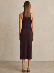 Women Jersey Ruched Racer Midi Dress in Burgundy