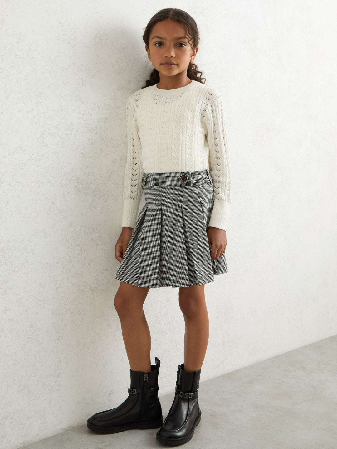 Children & Baby Houndstooth-Check Pleated Skirt in Black/White
