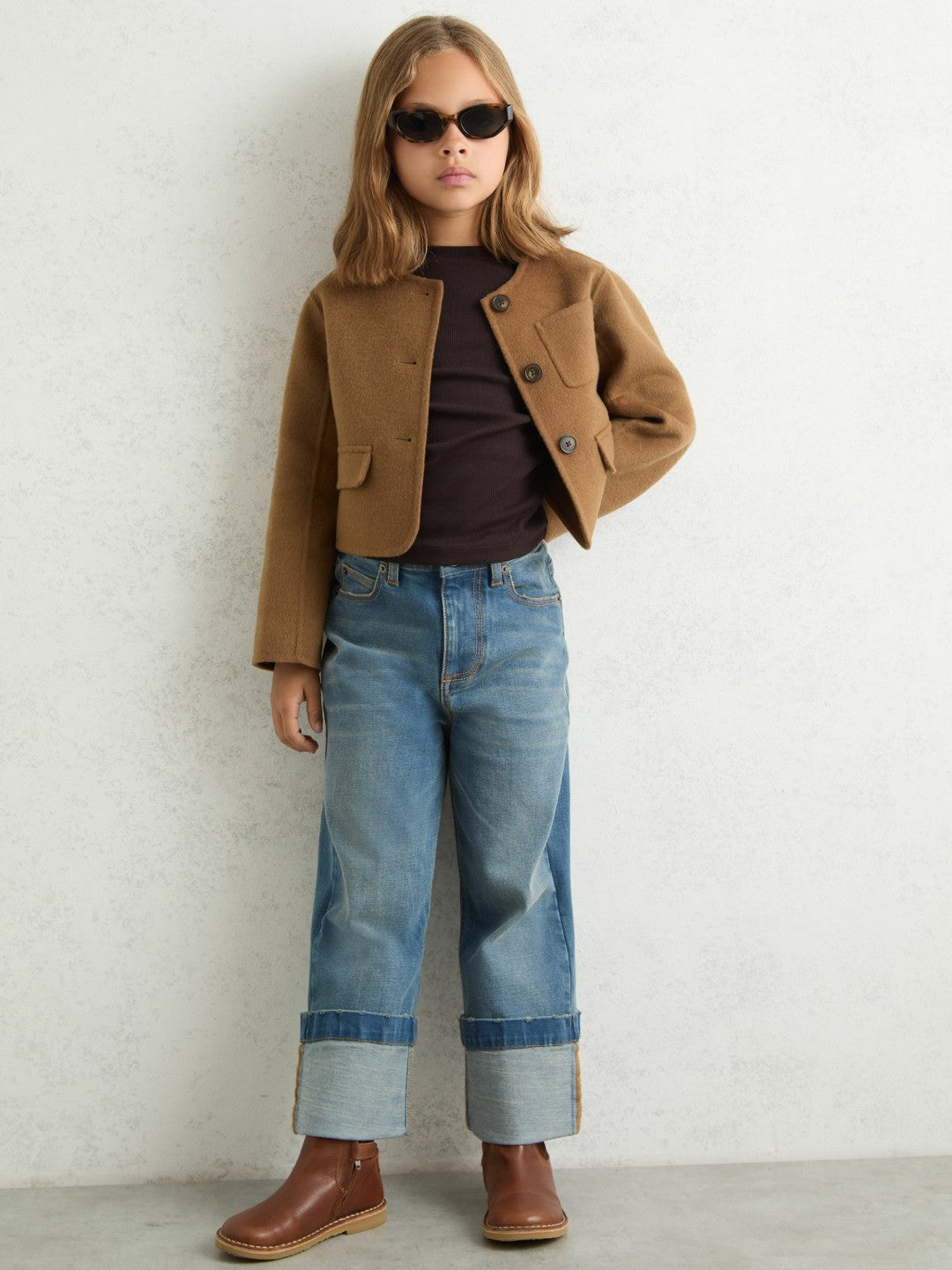 Children & Baby 13-14 yrs Wool-Blend Cropped Collarless Jacket in Camel