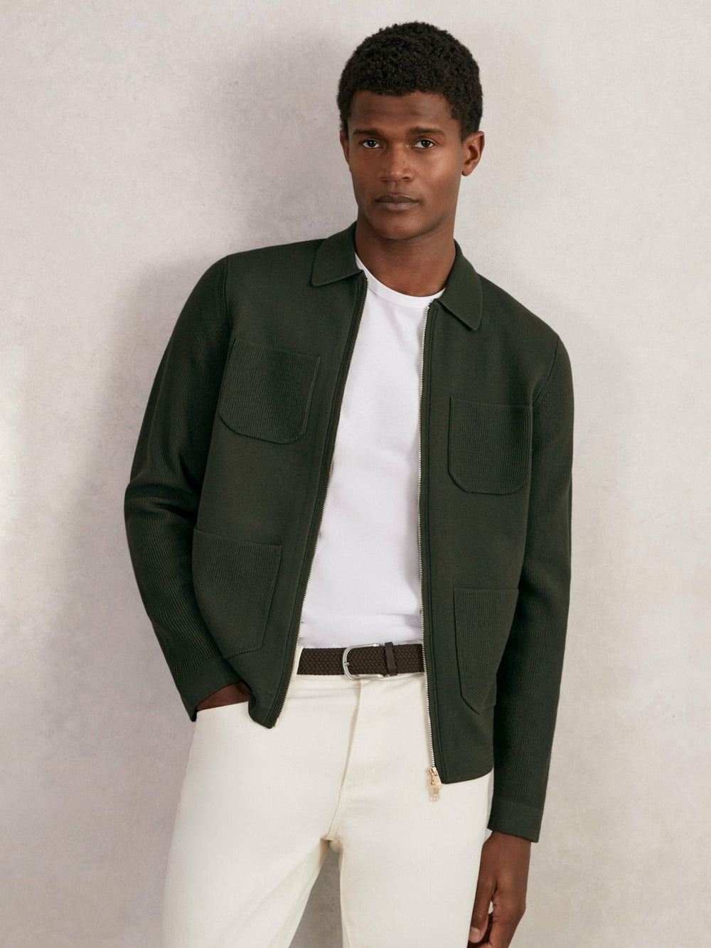 Men Four-Pocket Zip-Through Cardigan in Forest Green