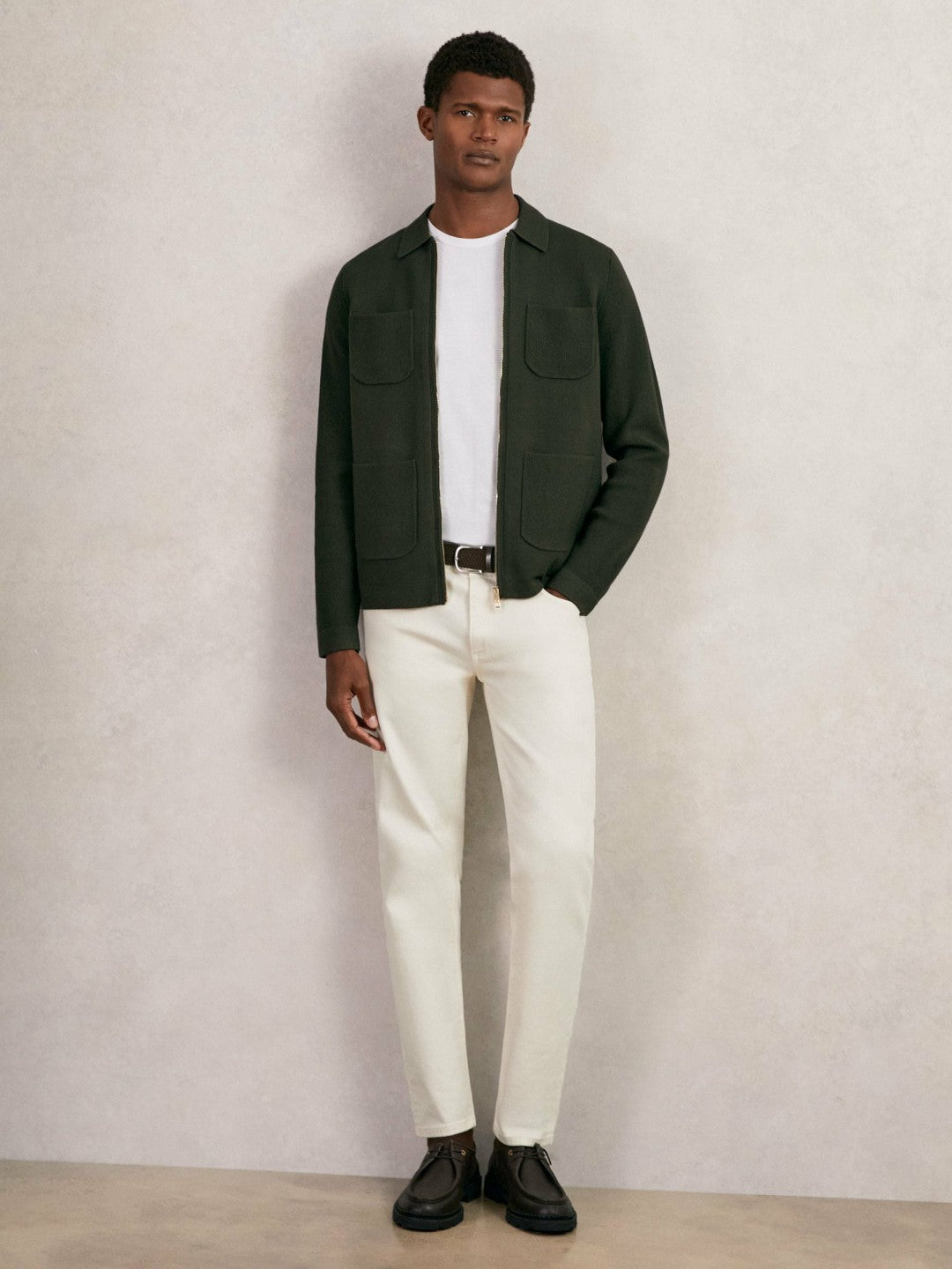 Men Four-Pocket Zip-Through Cardigan in Forest Green
