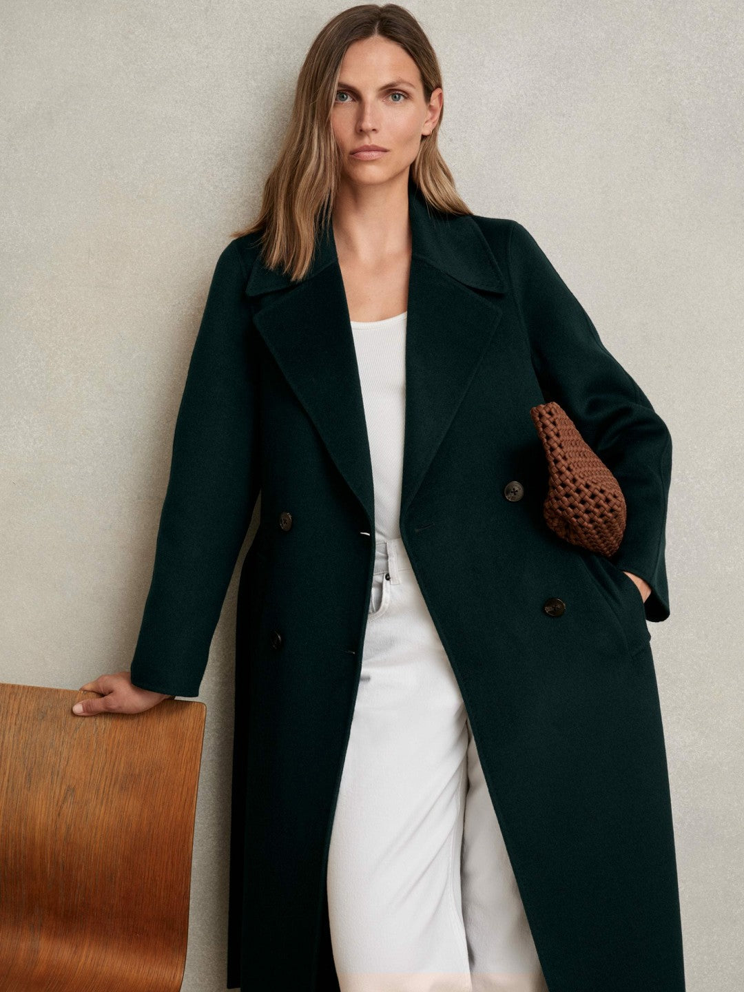 Women Petite Double-Breasted Blindseam Coat Wool-Blend in Green