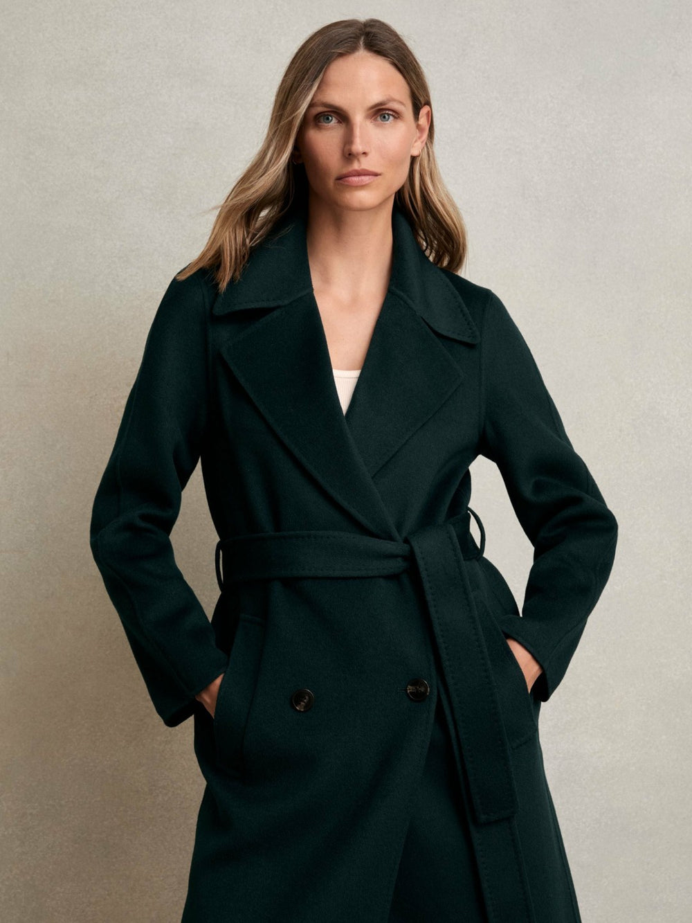 Women Petite Double-Breasted Blindseam Coat Wool-Blend in Green