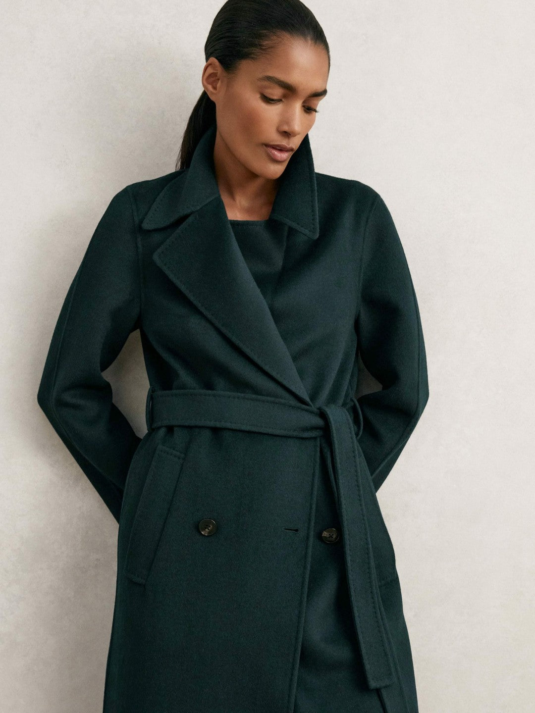 Women Petite Double-Breasted Blindseam Coat Wool-Blend in Green