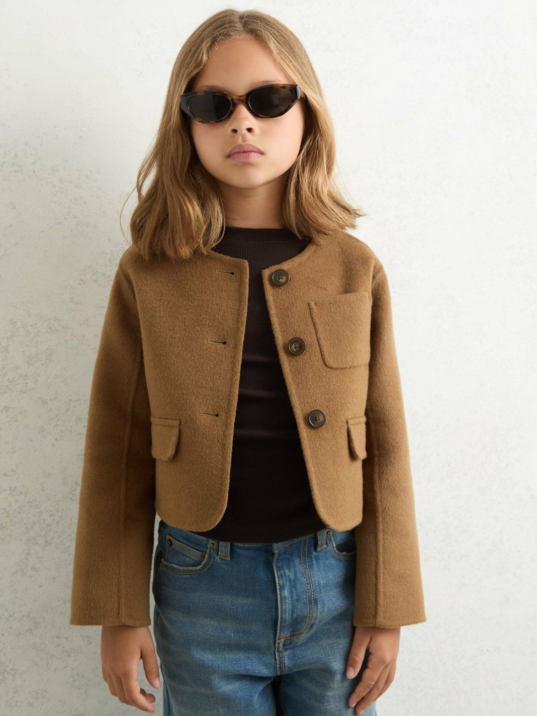 Children & Baby 9-13 yrs Wool-Blend Cropped Collarless Jacket in Camel
