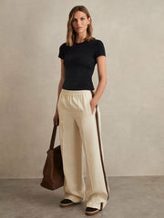 Women Side-Stripe Wide-Leg Trousers in Cream