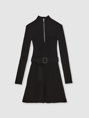 Women Rib-Knit Belted Half-Zip Flippy Dress in Black