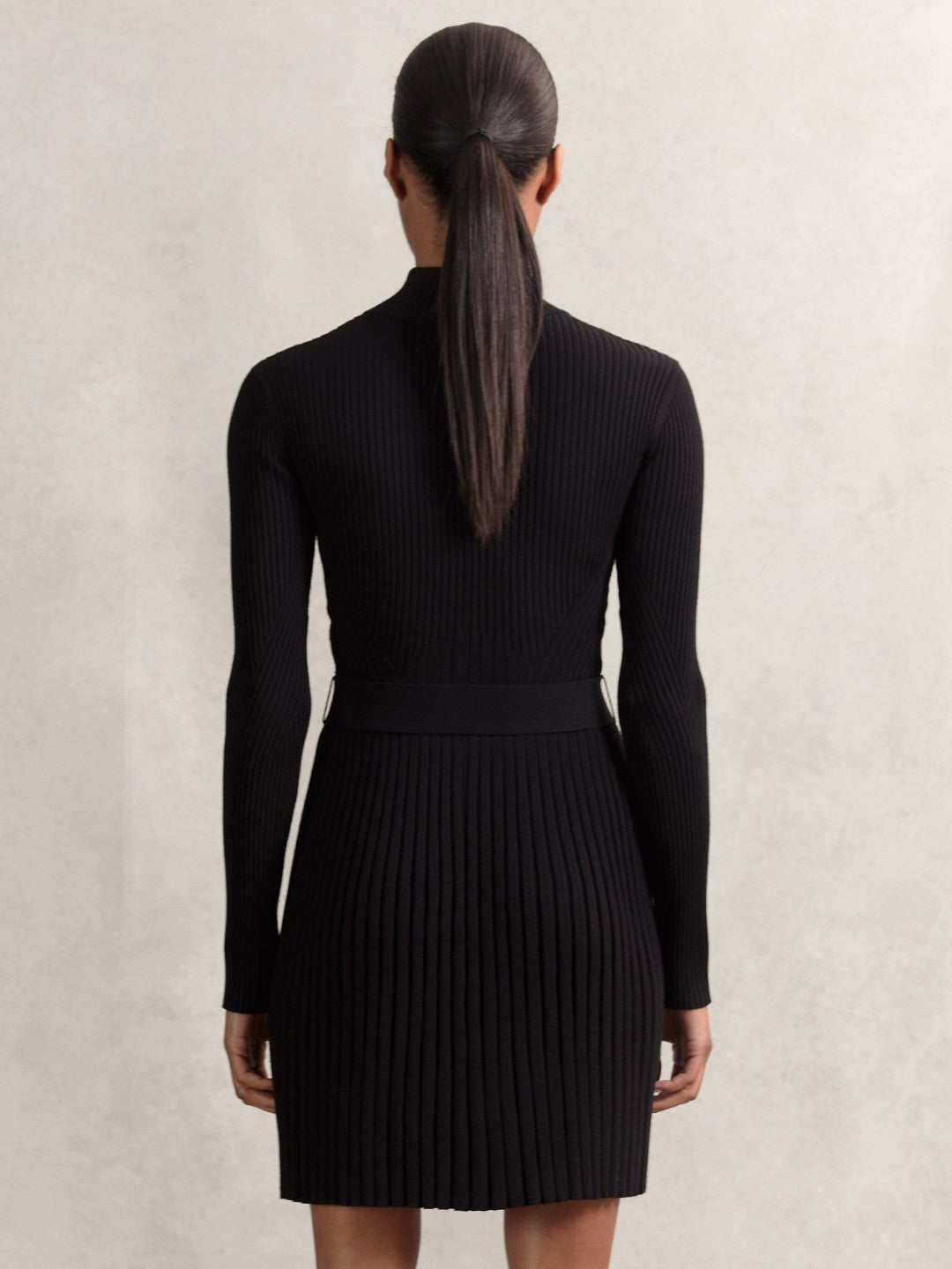 Women Rib-Knit Belted Half-Zip Flippy Dress in Black