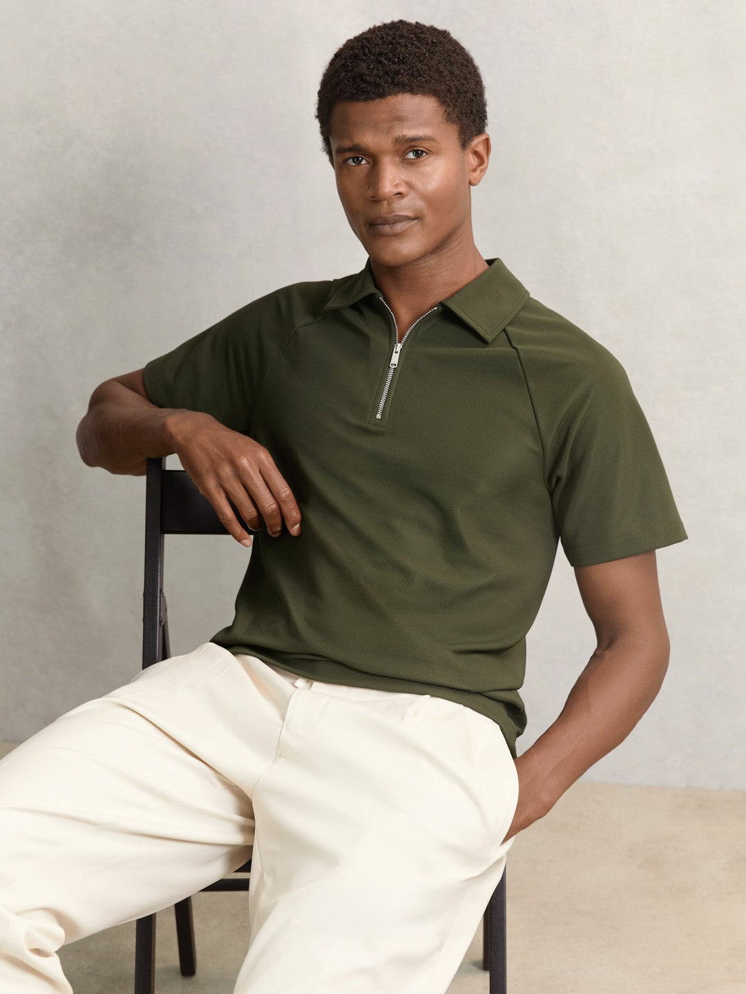 Men Textured Raglan Half-Zip Polo Shirt in Green