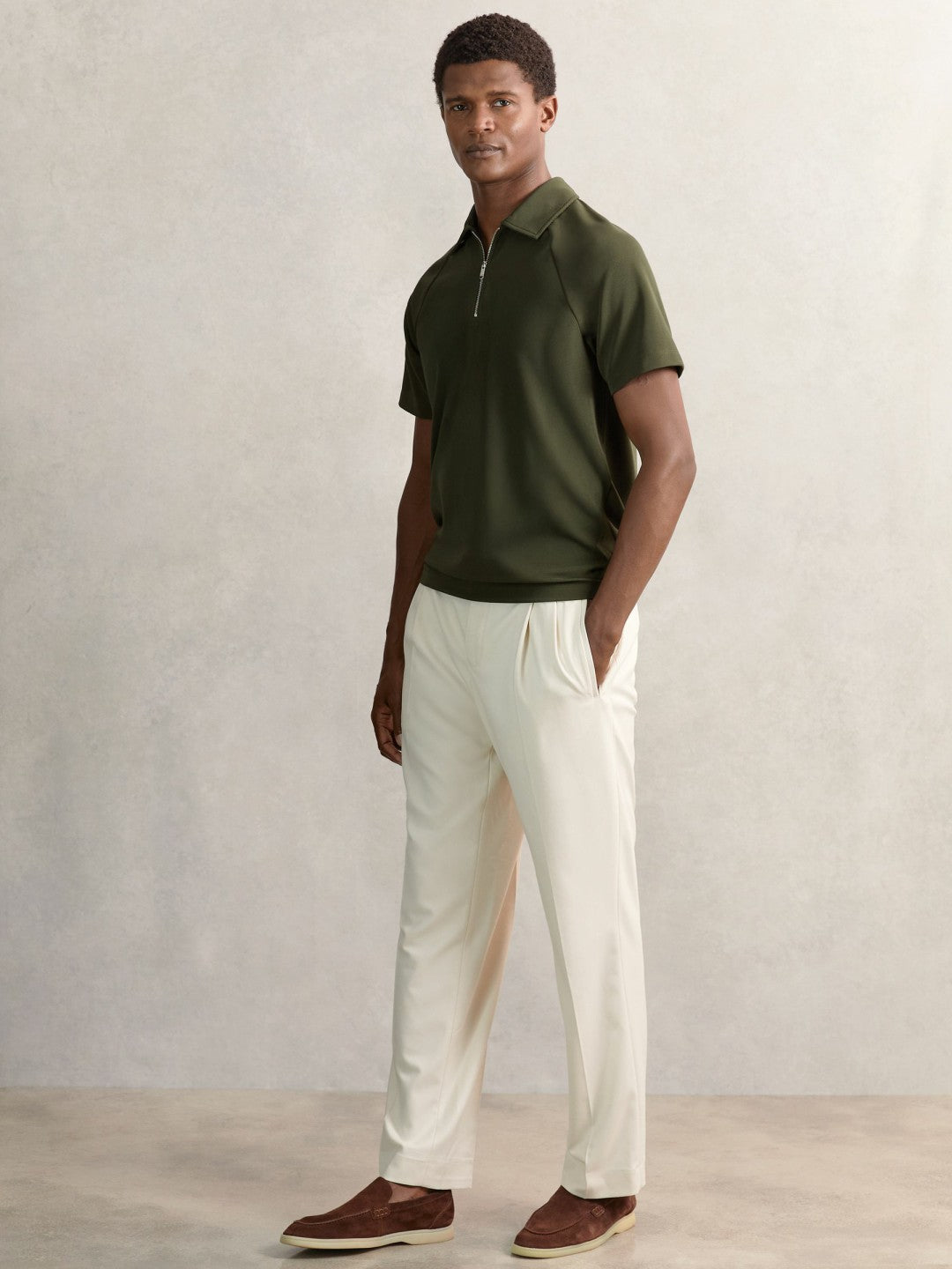 Men Textured Raglan Half-Zip Polo Shirt in Green