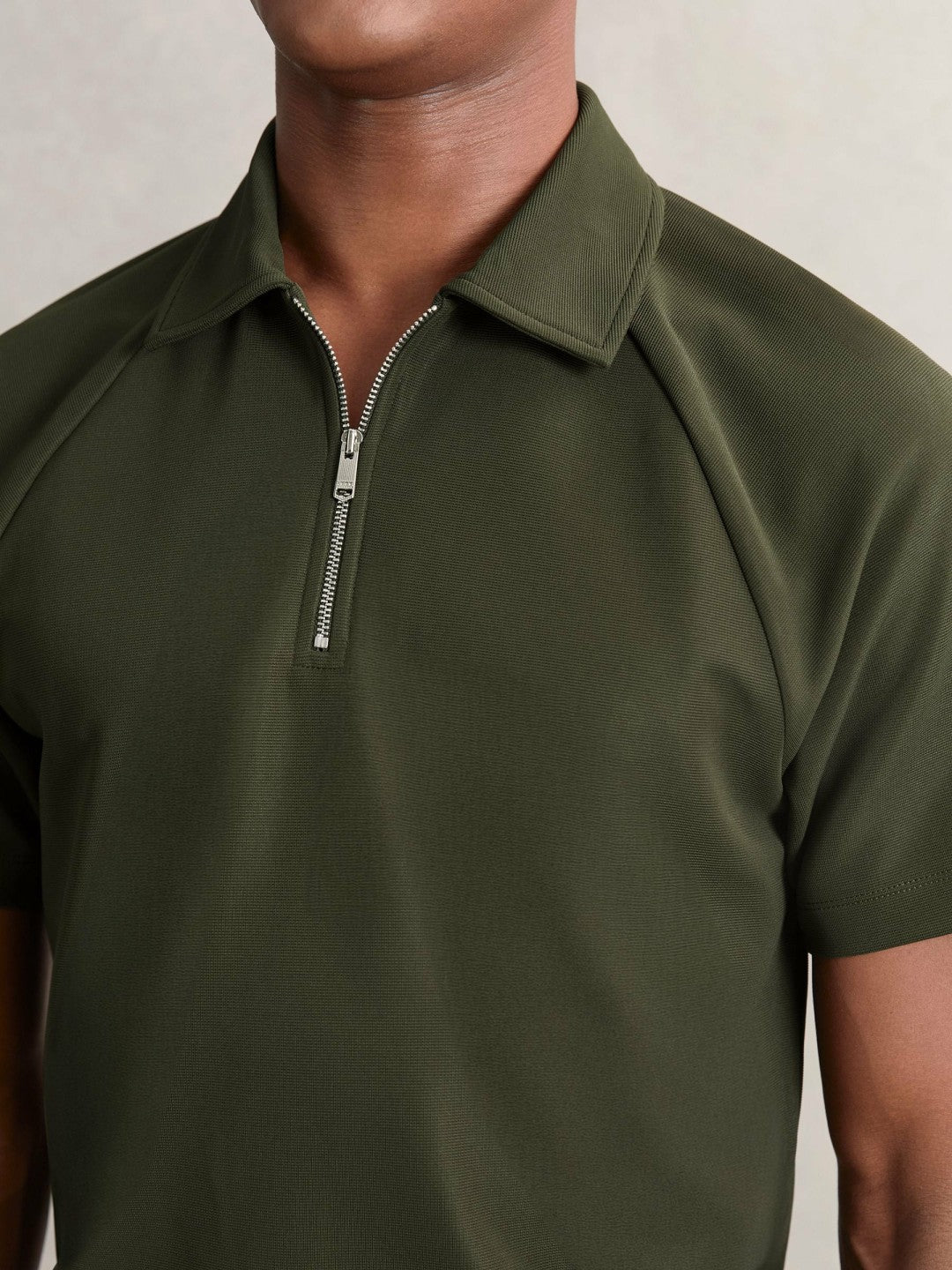 Men Textured Raglan Half-Zip Polo Shirt in Green