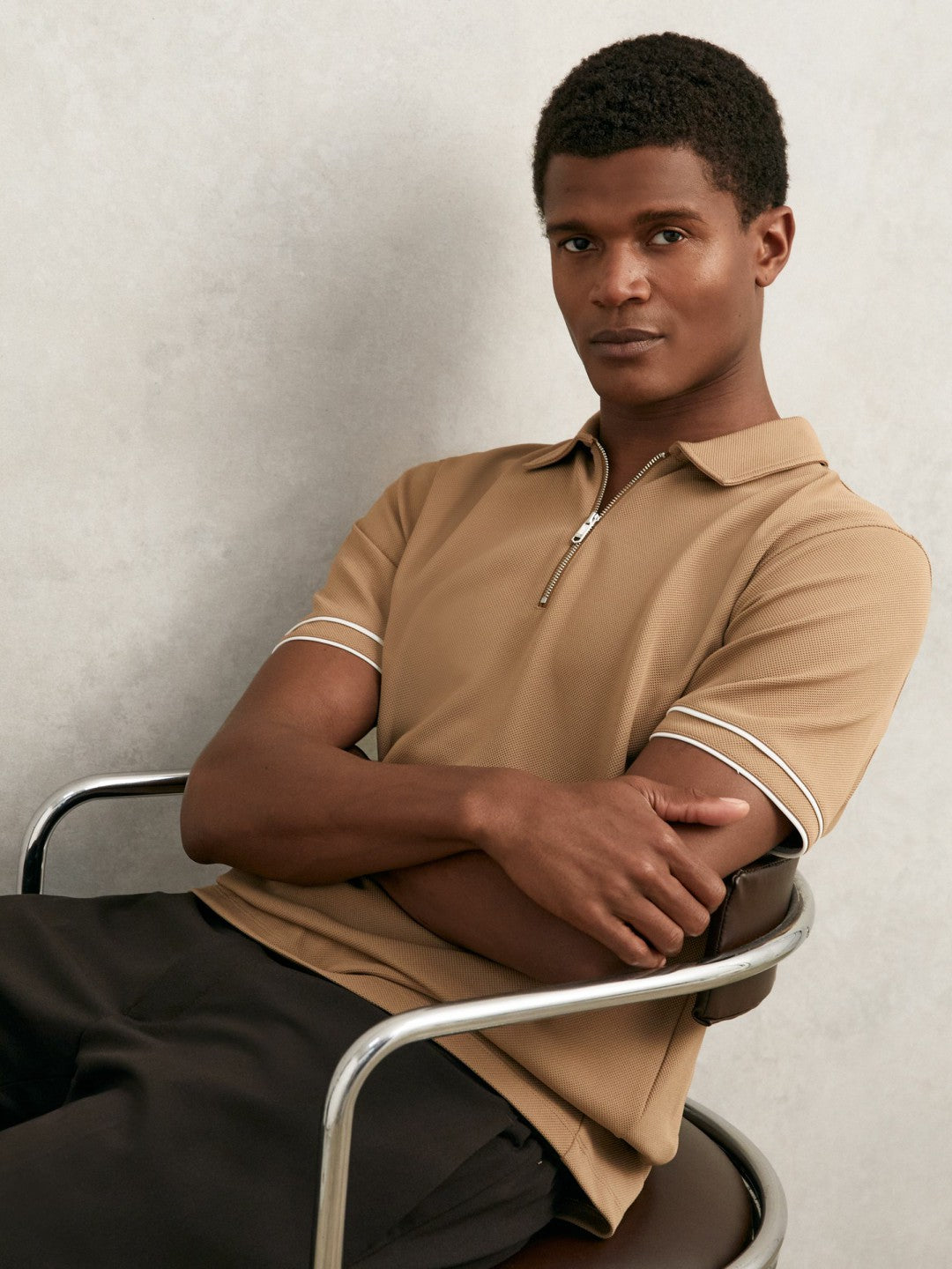 Men Textured Half-Zip Tipped Polo Shirt in Camel