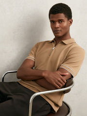 Men Textured Half-Zip Tipped Polo Shirt in Camel