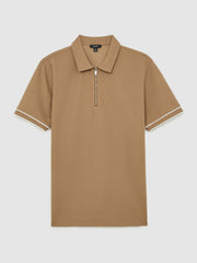 Men Textured Half-Zip Tipped Polo Shirt in Camel