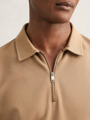 Men Textured Half-Zip Tipped Polo Shirt in Camel