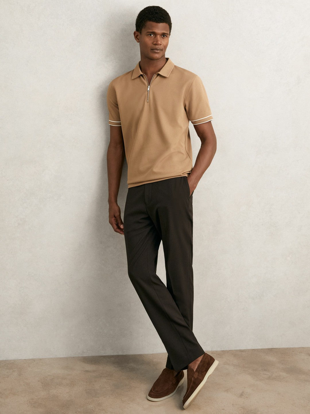 Men Textured Half-Zip Tipped Polo Shirt in Camel
